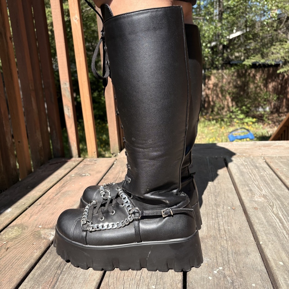 Cape Robbin Emo Stomp Platform Boots Black Chain Y2K Chunky Lace Up Zip Knee 10 - Picture 6 of 13